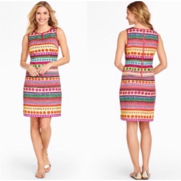 Talbots Dress Colorful 14P 14 P Sheath Stretch Cotton Washable Sleeveless Summer - Picture 1 of 7
